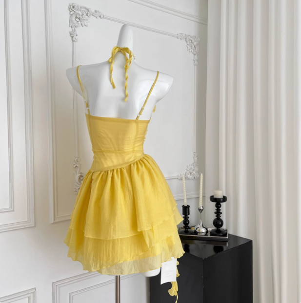 Beautiful Yellow Suspender Flower Irregular Ruffle Chiffon 17th Birthday Short Skirt Homecoming Dress cc3676
