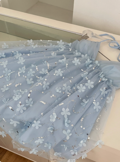 Sweet Light Blue Heavy Sequin Embroidery Three-dimensional Flower Halter Neck Mesh Birthday Short Skirt Homecoming Dress cc3683