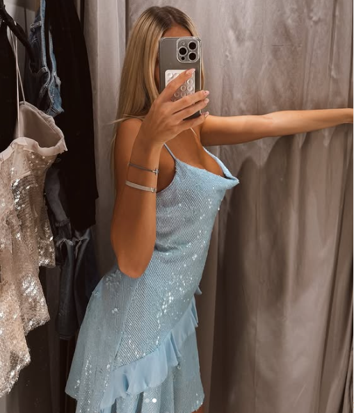 Beautiful Swing Neck Strap Sequin Blue Ruffle 17th Birthday Homecoming Dress cc3782