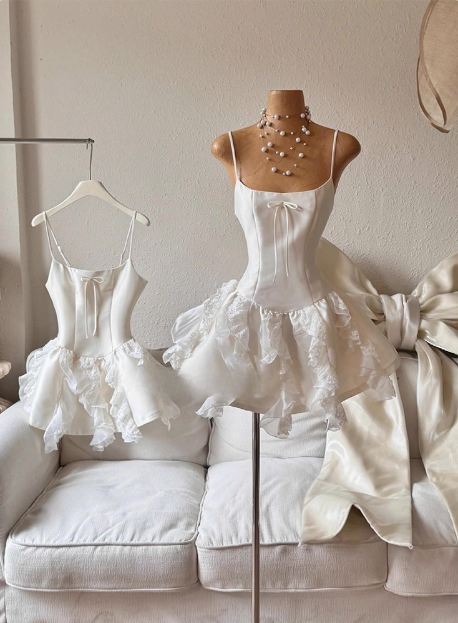 Sweet White Bow Satin Lace Ruffled 17th Birthday Homecoming Dress cc3801