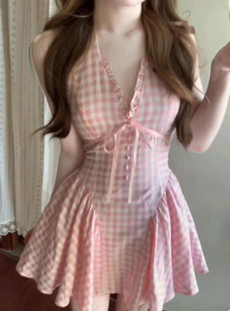 Cute V-neck Lace Bow Plaid Pleated Birthday Skirt Homecoming Dress cc3836