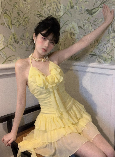 Sweet Three-dimensional Flower Ruffle Sling Irregular Cake Birthday Dress Homecoming Dress cc3840