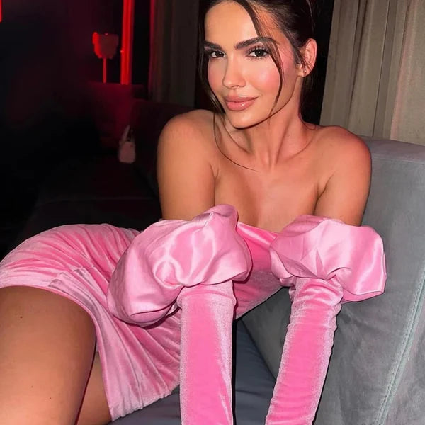 Cute Pink Velvet Tube Top Slim Hip Birthday Short Skirt Homecoming Dress cc3855