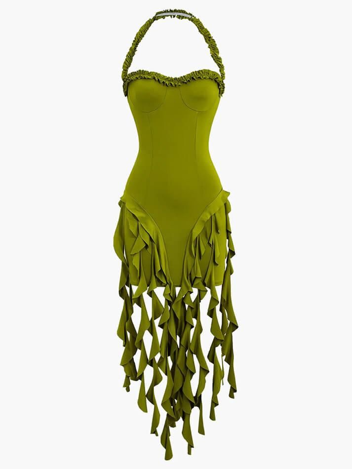Sexy Green Halter Neck Irregular Funnel Hem Birthday Dress Homecoming Dress cc3869