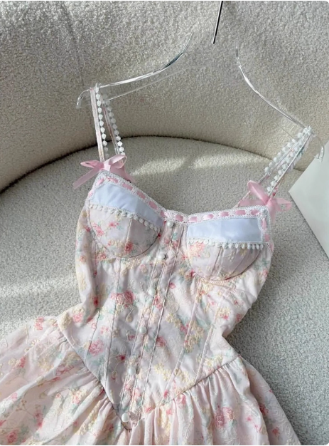 Sweet Pink Floral Sling Flower Bud Birthday Short Skirt Homecoming Dress cc3909