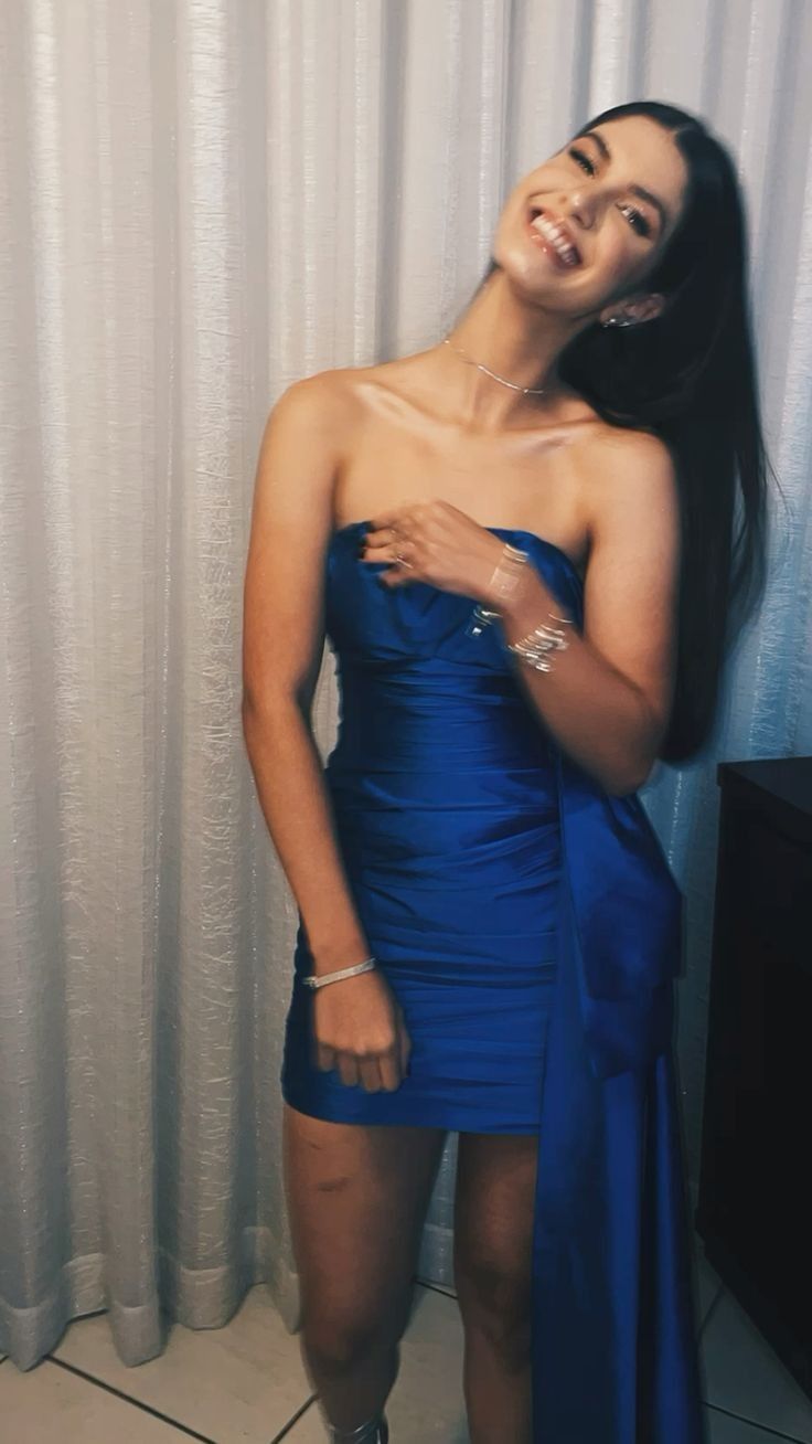 Simple Royal Blue Satin Strapless 19th Birthday Homecoming Dress cc3921