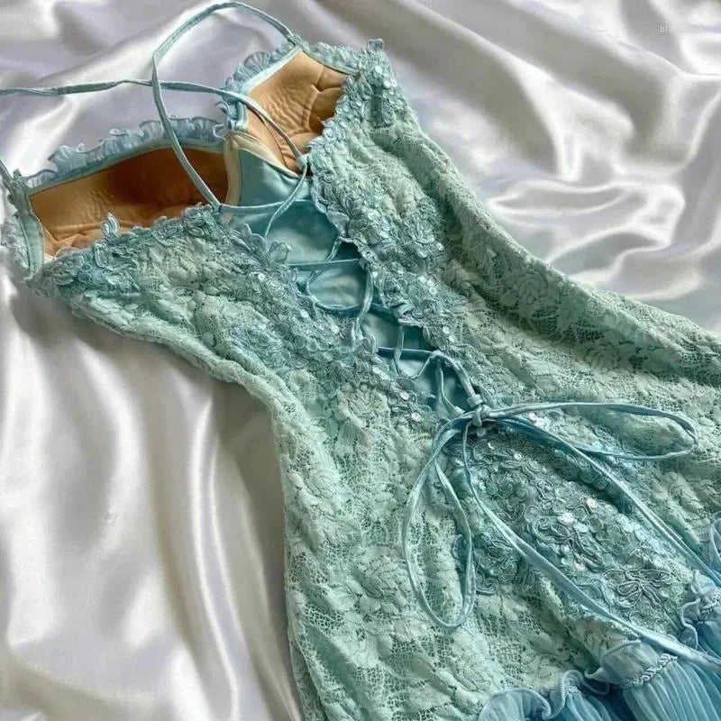 Stunning Blue Lace Pleated 17th Birthday Homecoming Dress cc3970