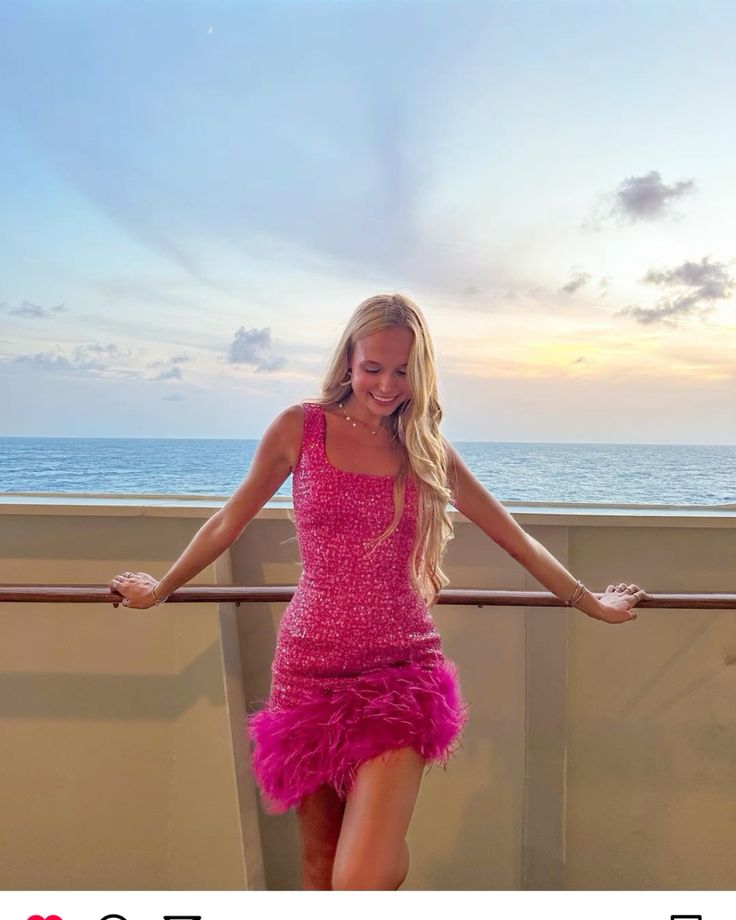 Gorgeous Bright Pink Square Neck Feather Skirt Sequin Slim Birthday Party Homecoming Dress cc4414