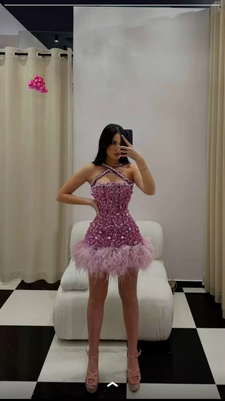 Luxurious Pink And Purple Cross Halter Neck Sequined Feather Slim Birthday Dress Homecoming Dress cc4044