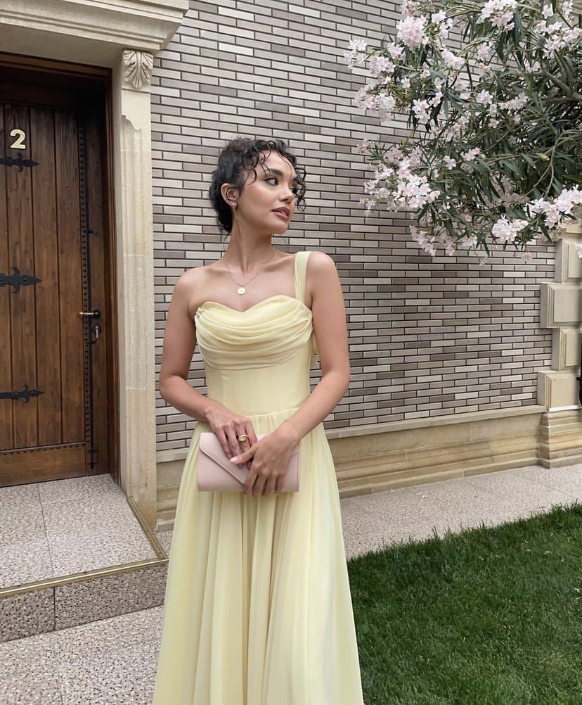Elegant Pale Yellow A-line One-Shoulder Chiffon Long Prom Dress Evening Dress Bridesmaid Dress cc5150