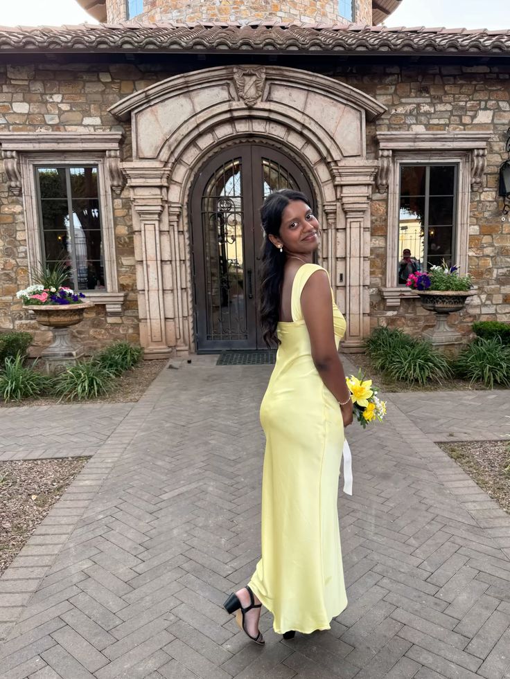 Elegant Yellow Fitted Square Neck Satin Long Prom Dress Evening Dress Bridesmaid Dress cc5151