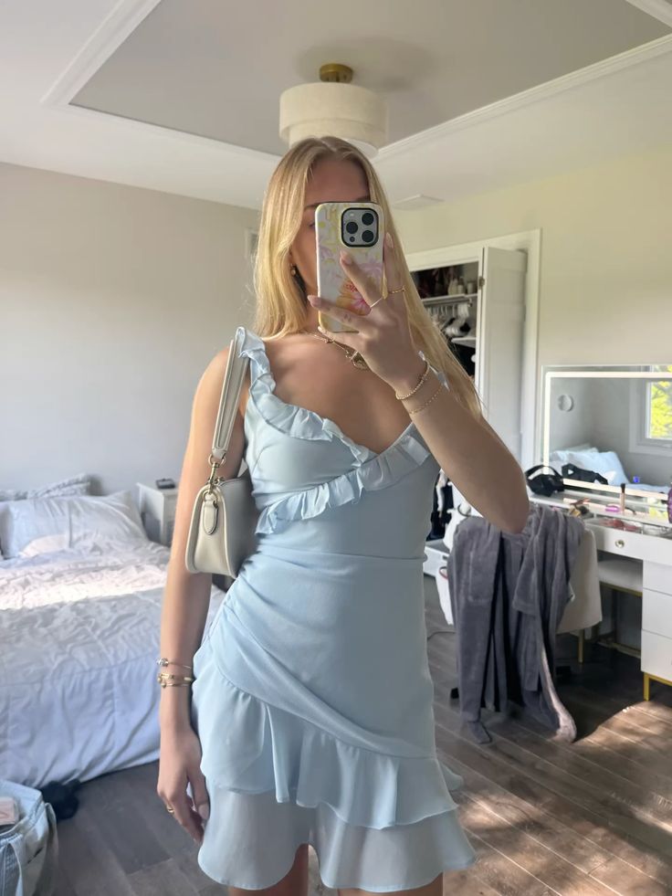 Sweet Light Blue Ruffled Chiffon Irregular 16th Birthday Homecoming Dress cc4452