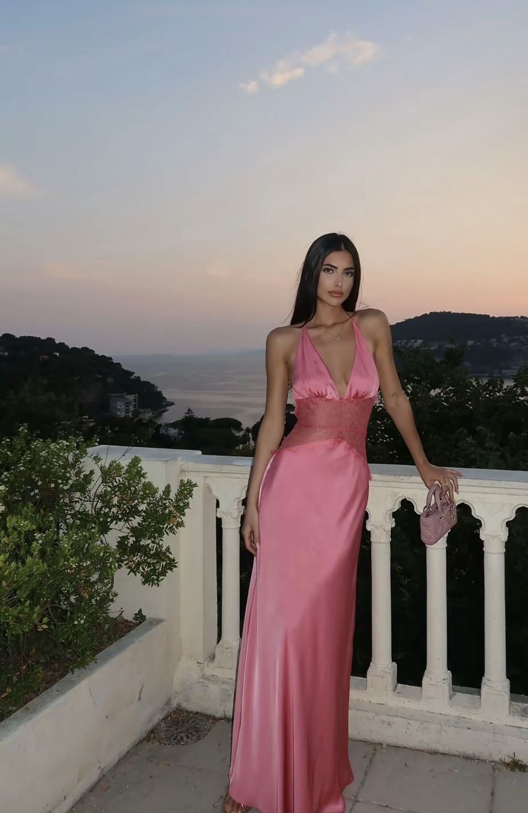 Sexy And Elegant Rose Pink Fitted Halter Neck Backless Lace Satin Long Prom Dress Evening Dress cc5157