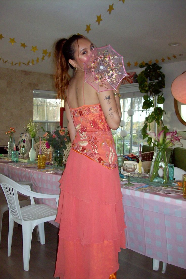 Retro Orange Pink Irregular Halter Neck Sequin Chiffon Prom Dress cc4749