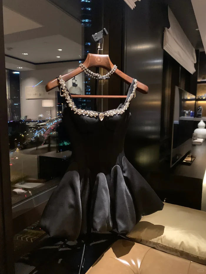 Sweet Black Strap Rhinestone Waist Bud Satin 16th Birthday Homecoming Dress cc4502