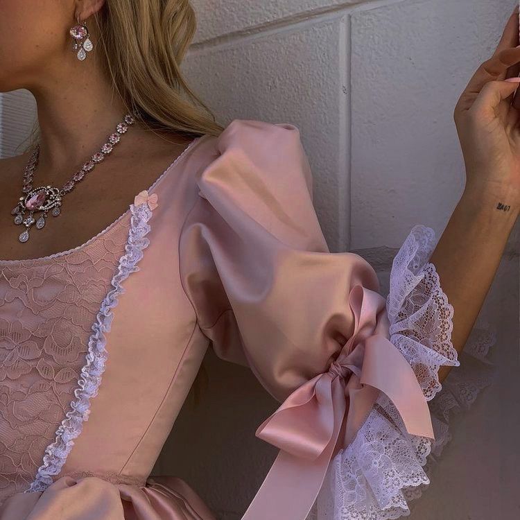 Palace Light Pink Square Neck Puff Sleeve Lace Stitching Satin Birthday Homecoming Dress cc4051