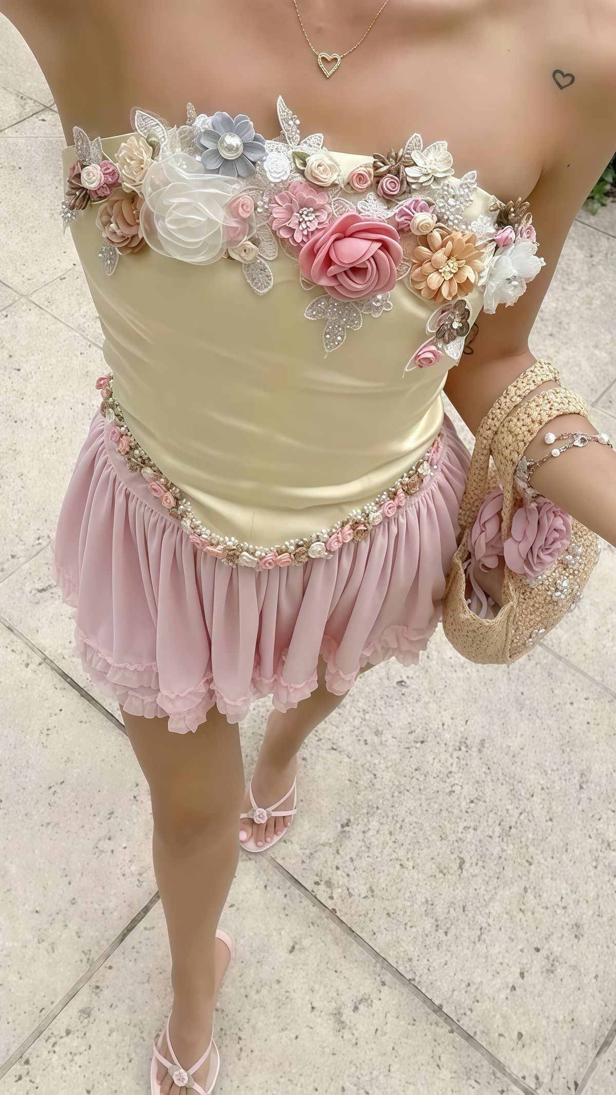 Sweet Yellow And Pink Color Matching Tube Top Three-dimensional Flower Chiffon 16th Birthday Homecoming Dress cc4052