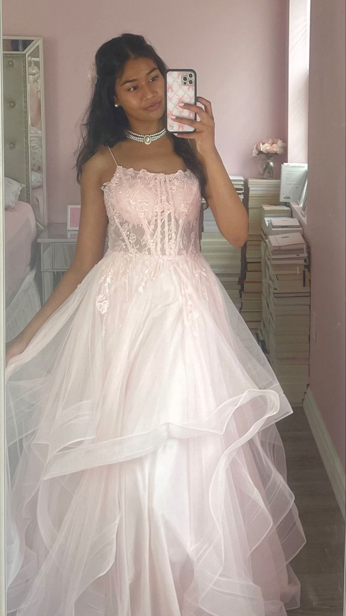 Sweet Light Pink A-line Spaghetti Strap Tiered Tulle Long Prom Dress Evening Dress cc4754