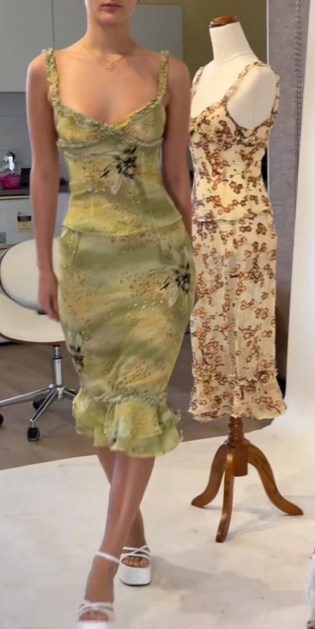 Retro Elegant Yellow Green Printed Ruffled Slim Chiffon Birthday Party Homecoming Dress cc4548