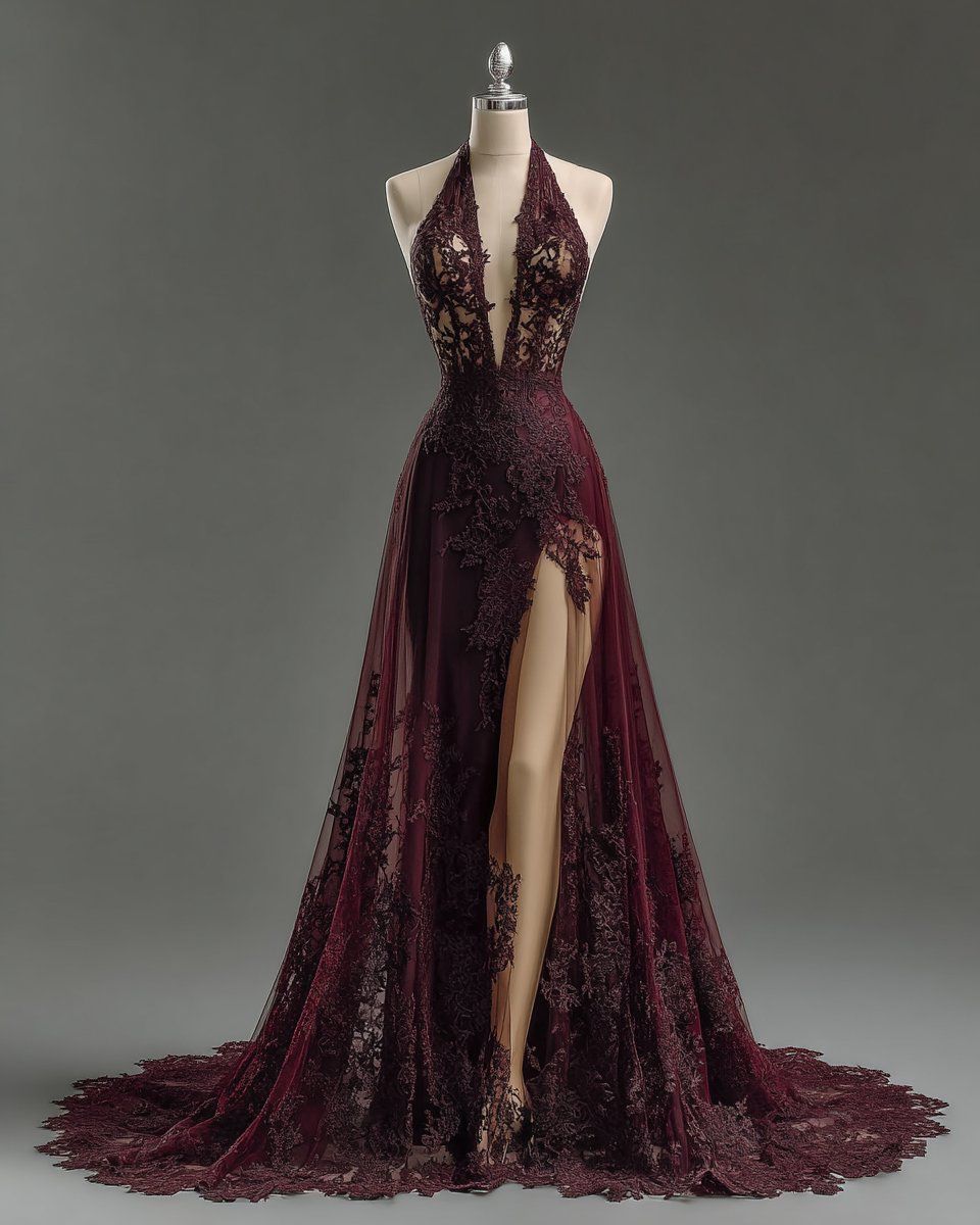 Vintage Burgundy Halter Neck Deep V-Neck Split Train Lace Prom Dress Evening Dress cc5253
