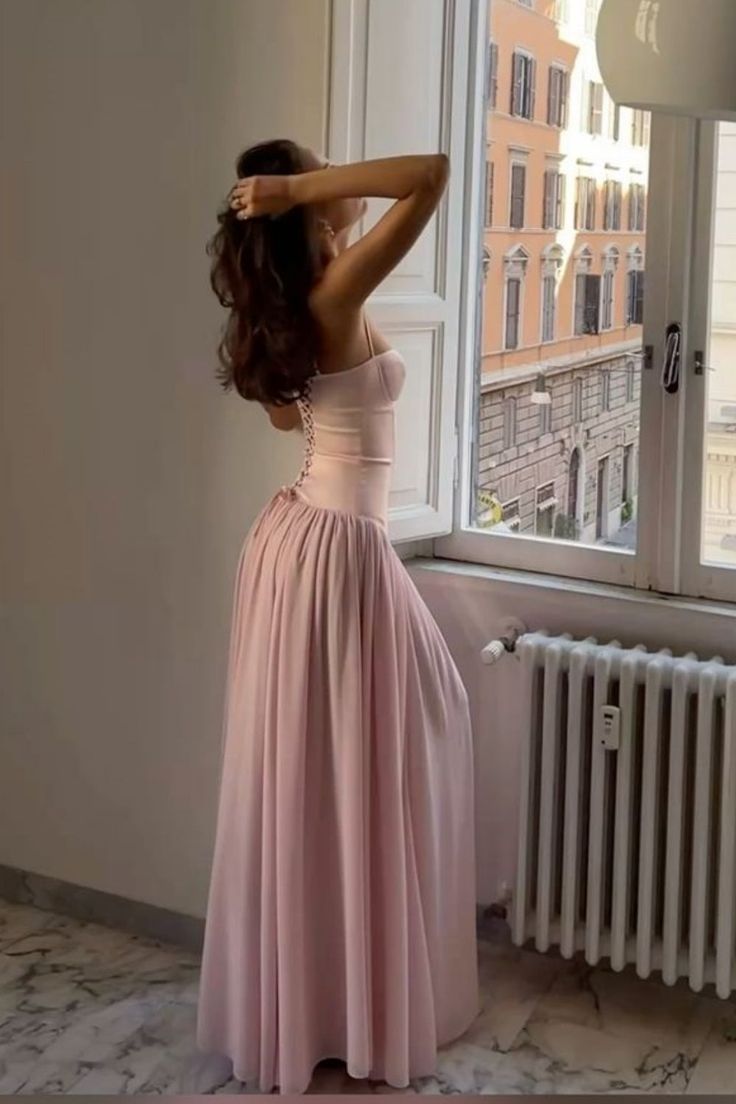 Elegant Pink A-line Spaghetti Strap Tie-back Satin Chiffon Long Prom Dress Evening Dress Bridesmaid Dress cc5255
