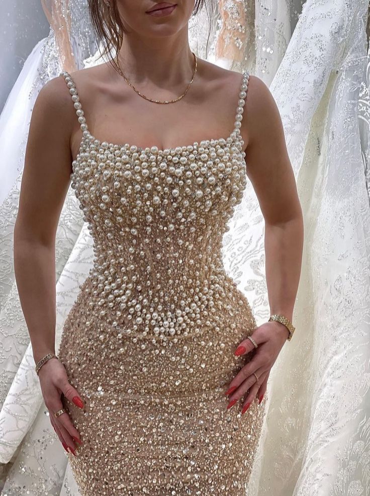 Luxury Champagne Gold Mermaid Strap Square Neck Pearl Sequin Long Rrom Dress Evening Dress cc4756