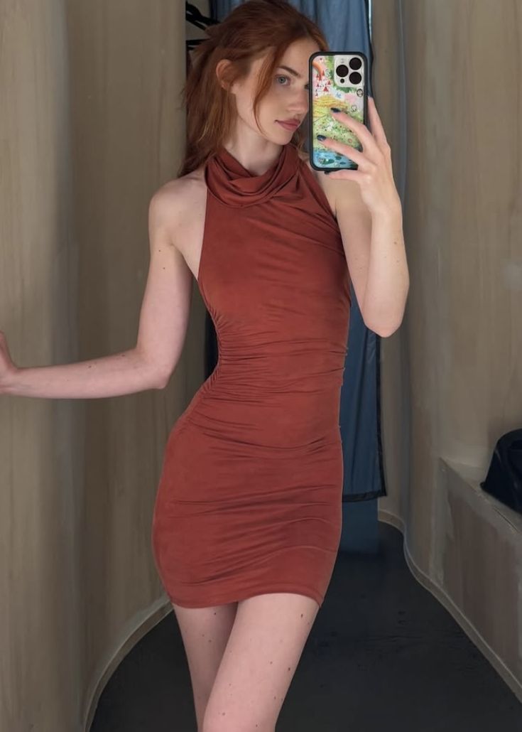 Elegant Brick Red High Collar Open Back Slim Hip Birthday Party Homecoming Dress cc4576