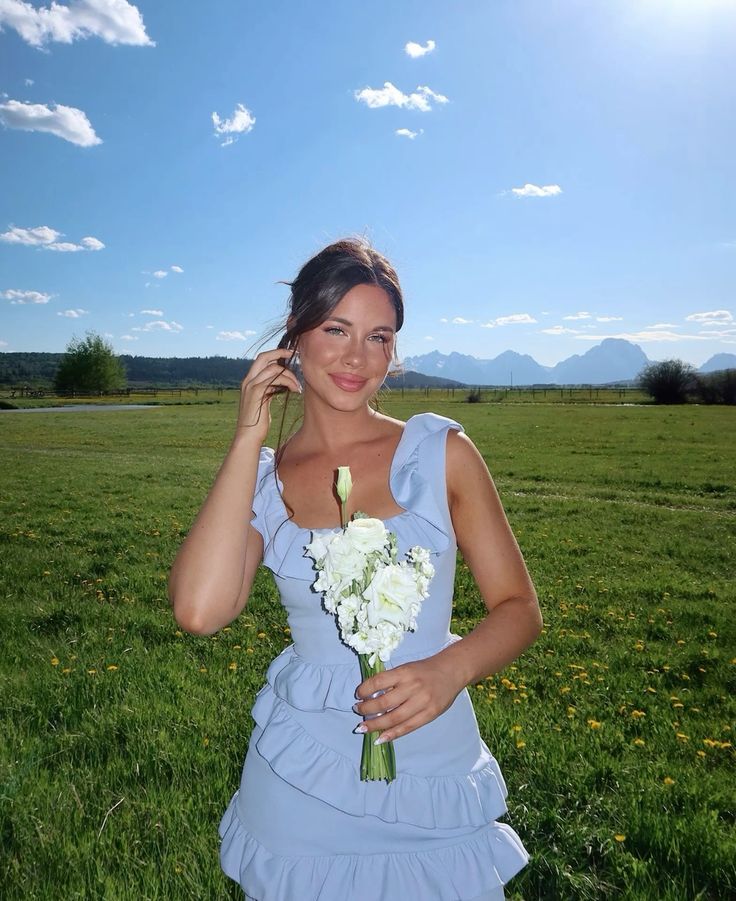 Sweet Light Blue Square Neck Ruffle Birthday Homecoming Dress cc4059