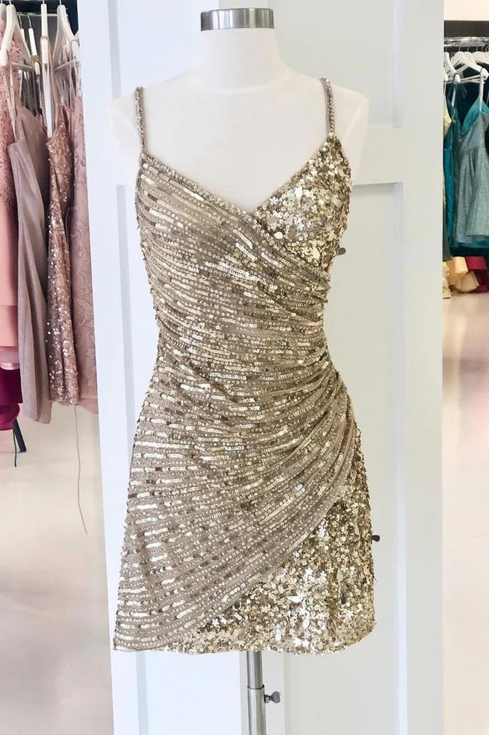 Sparkling Gold V-neck Strapless Slim Fit Birthday Party Homecoming Dress cc4590