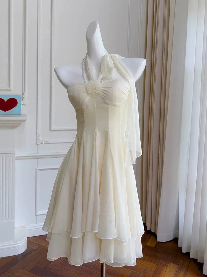 Elegant Ivory Halterneck Floral Ribbon Chiffon Mini 17th Birthday Homecoming Dress cc4604