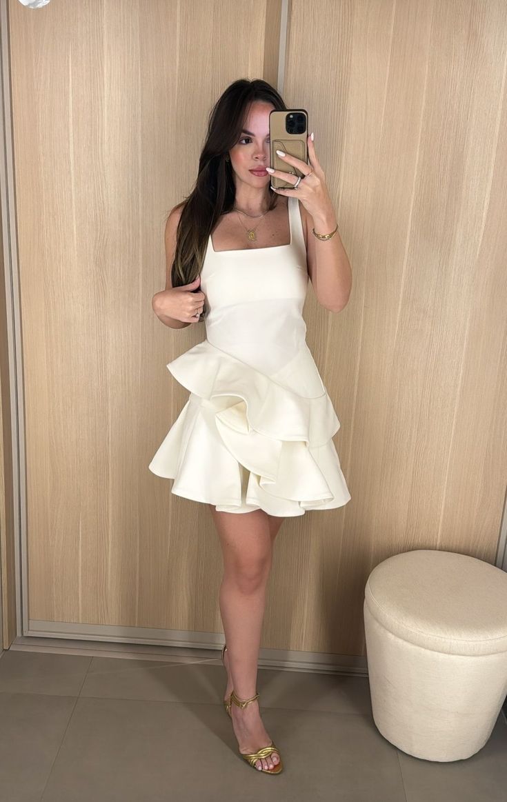 Simple And Elegant White Square Neck Irregular Ruffled Satin Birthday Party Homecoming Dress cc4606