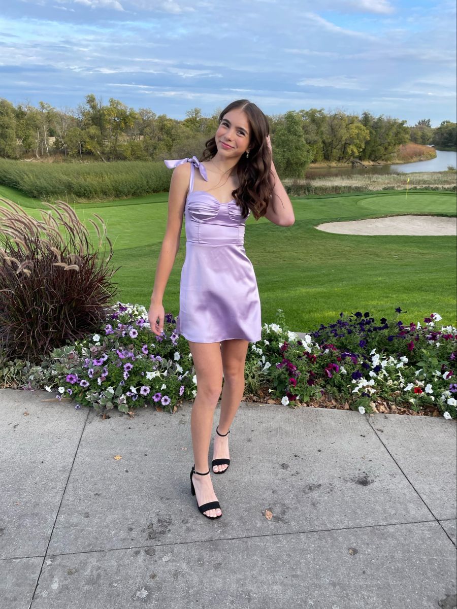 Sweet And Elegant Lavender Bow Strap Satin 17th Birthday Homecoming Dress cc4620