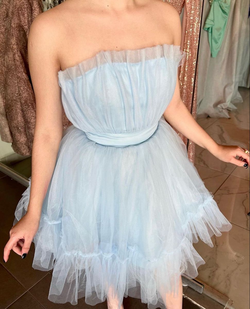 Sweet And Dreamy Light Blue Tube Top Waist Multi-layer Mesh A-line Short Birthday Dress Homecoming Dress cc4637