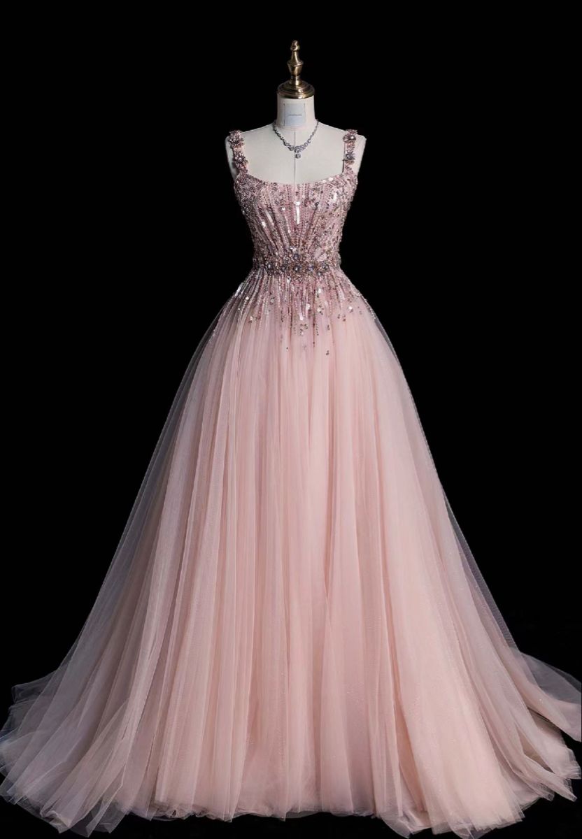 Elegant Pink A-line Square Neck Strappy Sequined Tulle Long Prom Dress Evening Dress cc4764