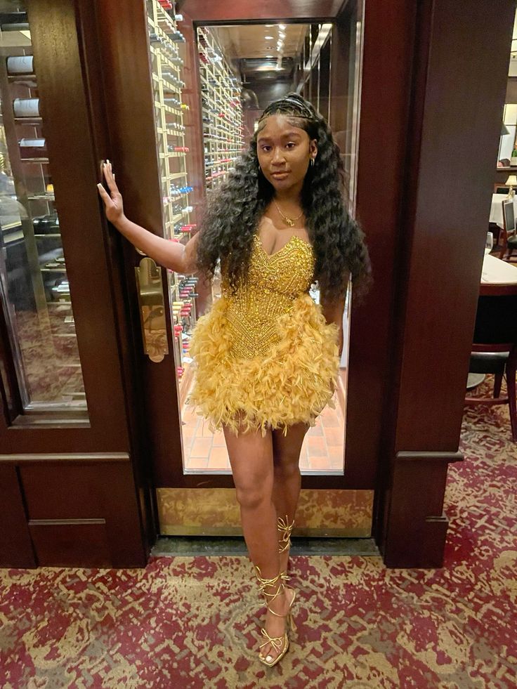 Gorgeous Gold V-Neck Sequin Feather Birthday Party Homecoming Dress cc4672