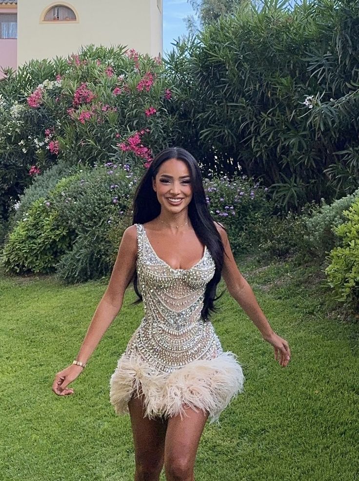 Gorgeous And Sparkling Silver-white Diamond Feather Slim Birthday Party Homecoming Dress cc4674