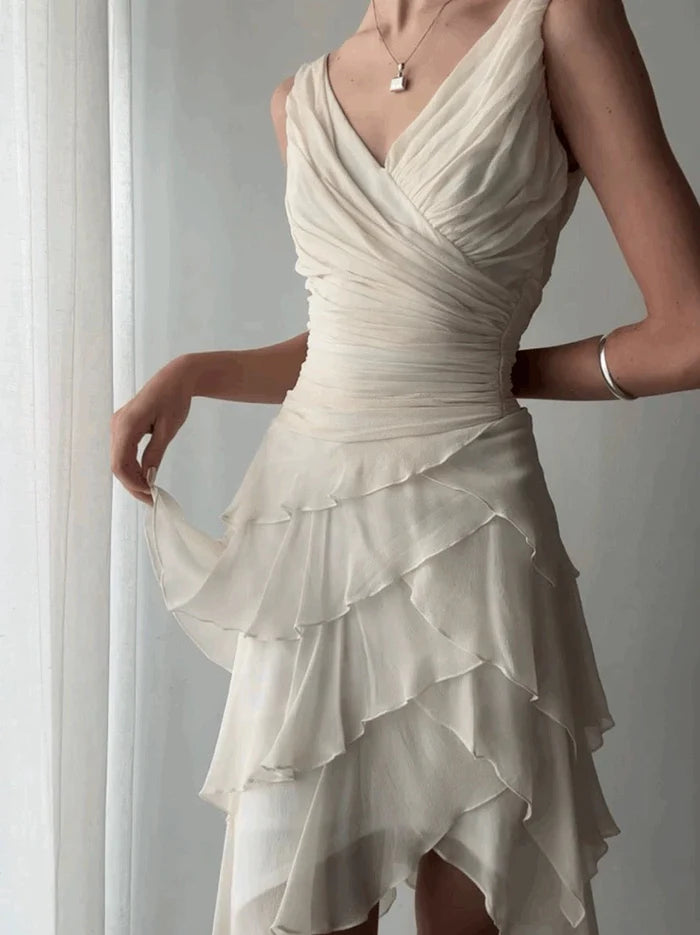 Elegant Ivory V-neck Layered Waist Pleated Irregular Chiffon Ruffle Birthday Party Homecoming Dress cc4697
