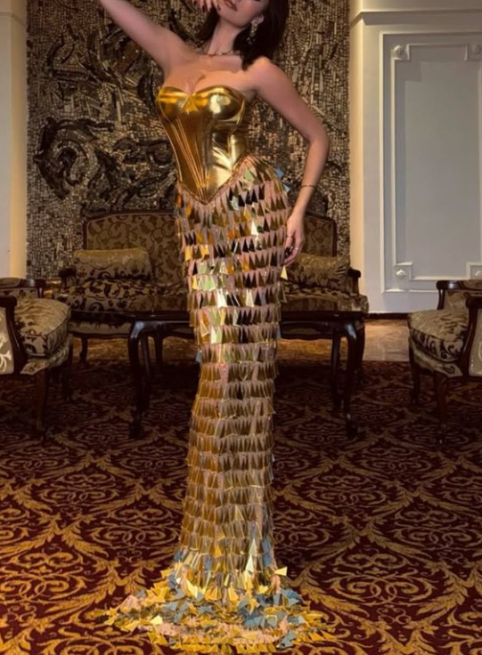 Luxurious Gold Satin Sequins Evening Dress,Strapless Mermaid Prom Dress cc2475
