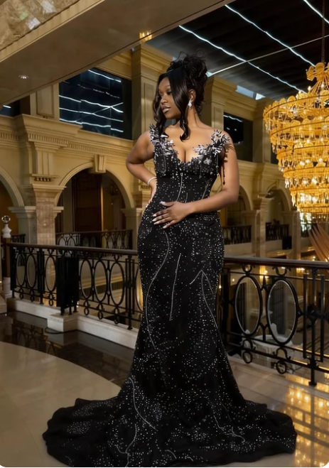 Luxurious Vintage Black V-Neck Mermaid Beaded Tulle Train Prom Dress Evening Dress cc5568