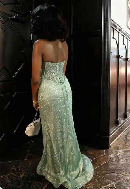 Sexy Mint Green Strapless Mermaid Sequin Long Prom Dress Evening Dress cc5572