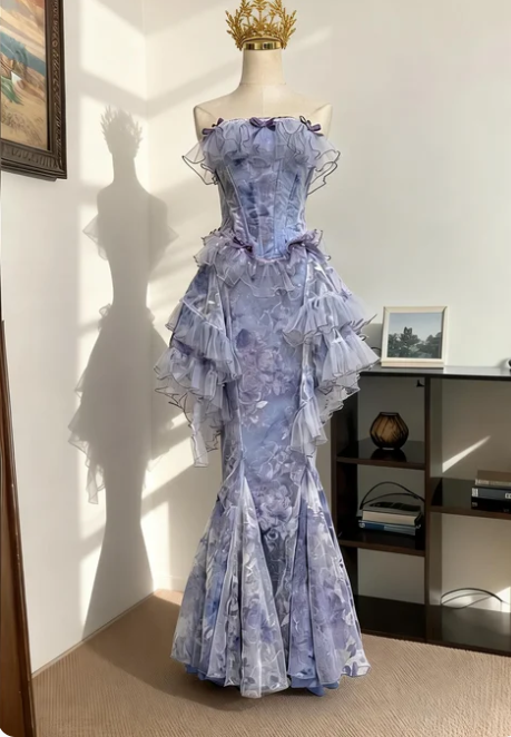 Dreamy Strapless Print Boned Ruffle Mermaid Tulle Long Prom Dress Birthday Dress cc5589