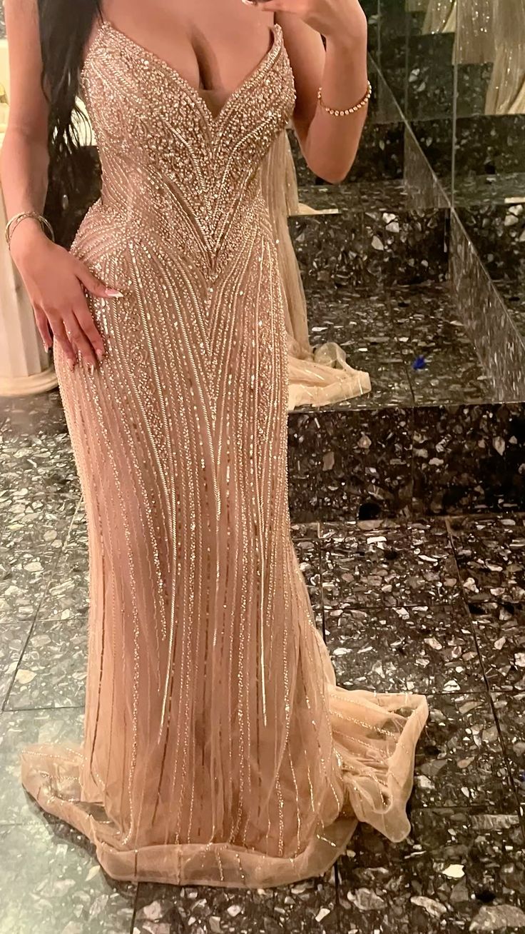 Luxurious Sparkling Champagne V-Neck Beaded Sequin Mermaid Tulle Train Prom Dress Evening Dress cc5597