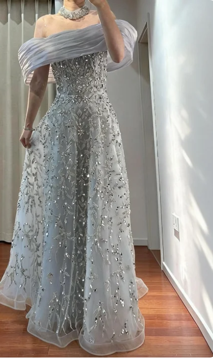 Elegant Light Grey A-Line Beaded Tulle Long Prom Dress Evening Dress cc5612