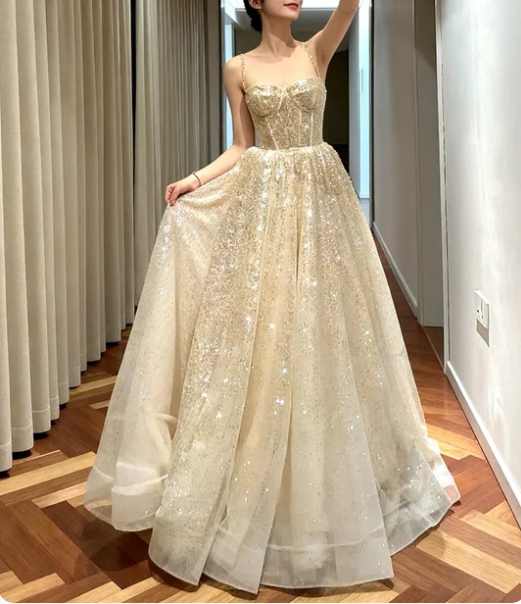Shiny Champagne Gold Spaghetti Strap A-Line Sequin Tulle Long Prom Dress Evening Dress cc5617