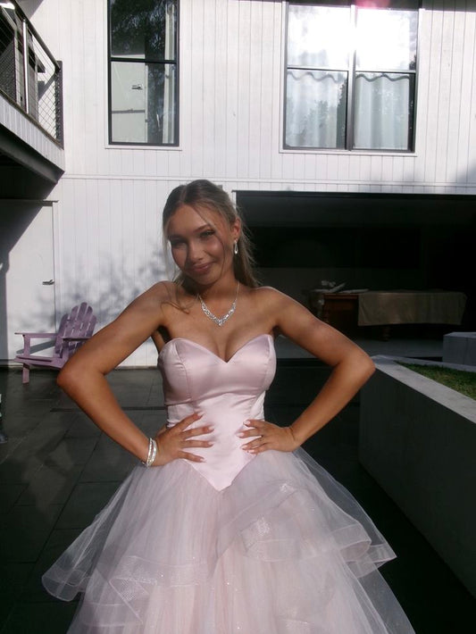 Sweet Pink Heart Neck A-Line Layered Tulle Long Prom Dress Evening Dress cc5618