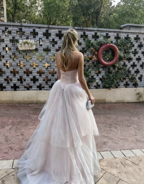 Sweet Pink Heart Neck A-Line Layered Tulle Long Prom Dress Evening Dress cc5618