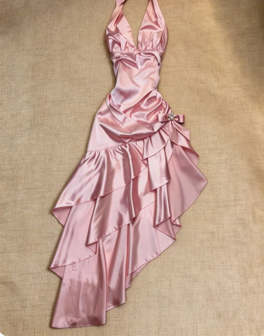 Sweet Pink Halter V-Neck Bow Ruffle Satin Prom Prom Birthday Dress cc5619