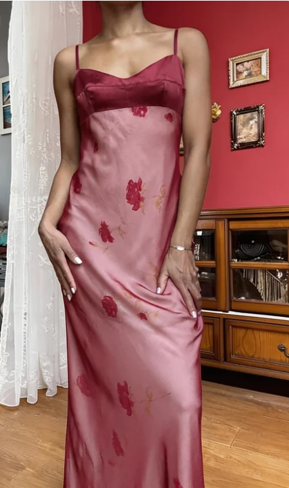 Vintage Burgundy Spaghetti Strap Rose Print Satin Long Prom Dress Evening Dress cc5630