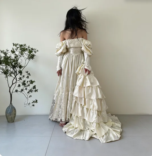 Vintage Court Off-White Off-the-Shoulder Embroidered Layered Ruffle Train Satin Wedding Dress cc5636
