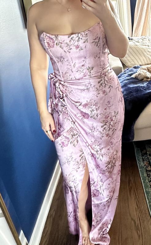 Fuchsia Printed Corset Front-Slit Satin Sheath Prom Dress,Formal Party Evening Dress cc2898